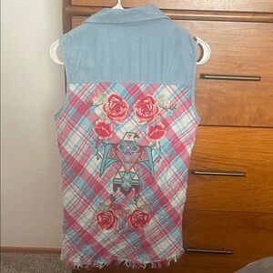 Embroidered Plaid Denim button up top